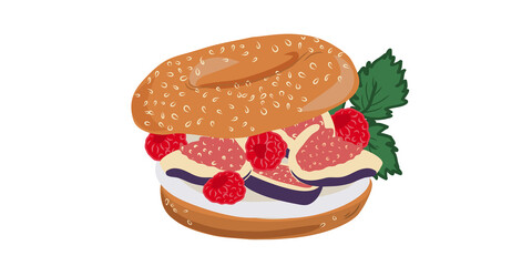 Berry sandwich or  bagel sandwich with cream cheese, figs, raspberries and mint isolated on white background. For web design, icons, packaging, menu or interior design.