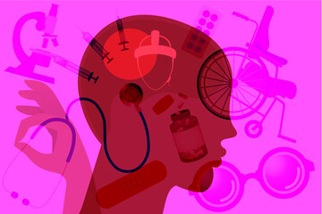 Head filles with medical aids - showing different states of mind and being through tranparency