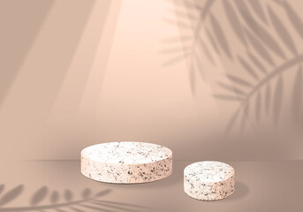 Two stone podiums for product demonstration. natural branch shadow with tropical leaves. Beige background. 3D rendering. Mockup for cosmetic