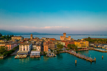 Aerial photo of Sirmione city old town panorama on lake Garda in Lombardy, Italy