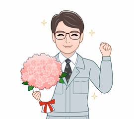 青い作業着の男性