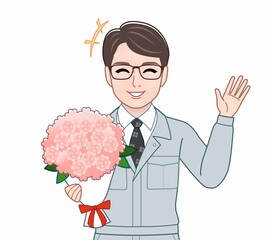 青い作業着の男性