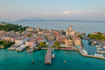Fototapeta premium Aerial panoramic view of Sirmione city on lake Garda in Lombardy, Italy