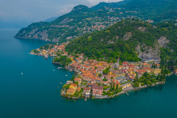 Aerial view of Varenna village on a coast of Como lake, Italy