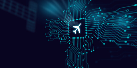 Airplane Symbol is Reflecting Over Futuristic Electronic Circuit