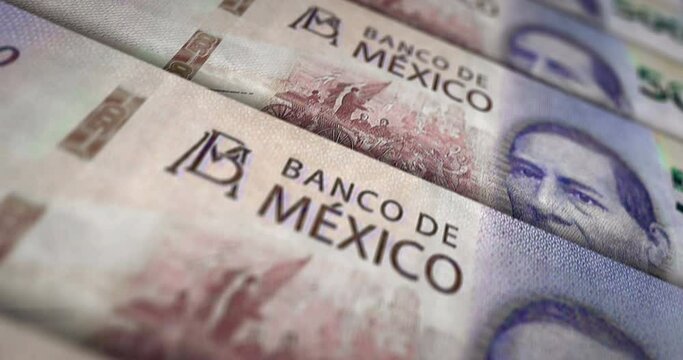 Mexico Pesos banknote loop. MXN money texture. Concept of economy, business, crisis, banking, recession, debt and finance. Moving over note. Loopable seamless 3d animation.