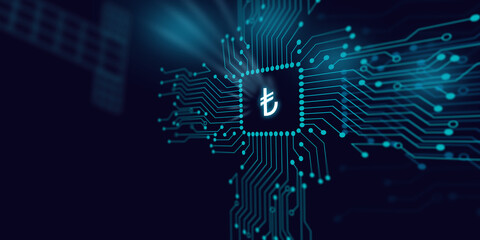 Turkish Lira Symbol is Reflecting Over Futuristic Electronic Circuit