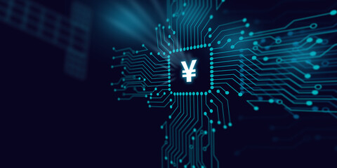 Yen or Yuan Symbol is Reflecting Over Futuristic Electronic Circuit