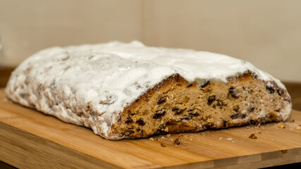 Close up of cut christmas stollen