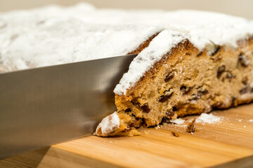 Close up of cut christmas stollen