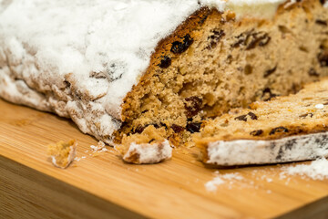 Close up of cut christmas stollen