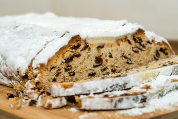 Close up of cut christmas stollen