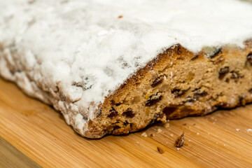 Close up of cut christmas stollen