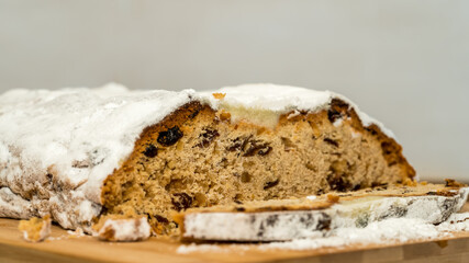 Close up of cut christmas stollen