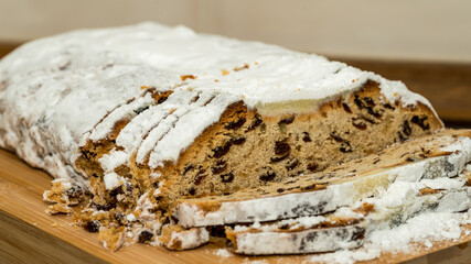 Close up of cut christmas stollen