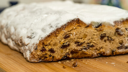 Close up of cut christmas stollen
