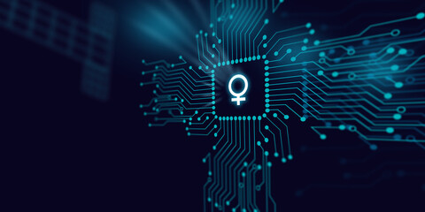 Female Gender Symbol is Reflecting Over Futuristic Electronic Circuit