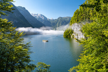 Summer morning on the idyllic Koenigsee, Schoenau am Koenigsee, Bavaria, Germany