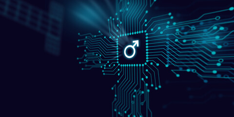 Male Gender Symbol is Reflecting Over Futuristic Electronic Circuit