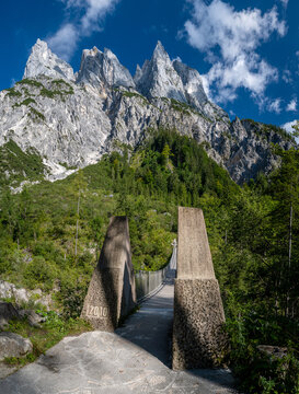 Suspension bridge over the Klausbach near Ramsau, Bavaria, Germany