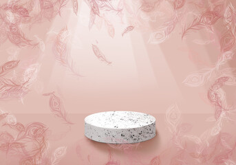 White podium. Peach 3D background. Pedestal for the promotion of cosmetic products. 3D rendering. Falling bird feathers. Showcase in the style of minimalism