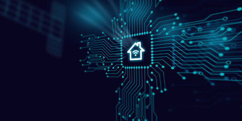 Smart Home Symbol is Reflecting Over Futuristic Electronic Circuit
