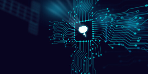 Speech Cloud Symbol is Reflecting Over Futuristic Electronic Circuit