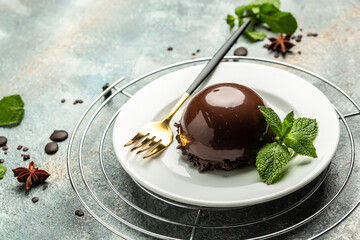 Chocolate glazed mini cake dessert, cheesecake, trifle, mous