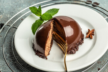 Mini Chocolate Mousse Cake, dessert, cheesecake, trifle, mouse. banner, menu, recipe place for text, top view