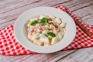 Korean food Spicy Stir-fried Carbonara tteokbokki dish on white plate