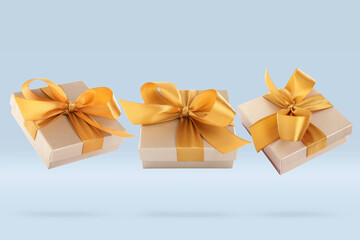 Beautifully wrapped gift boxes flying on light blue background