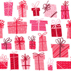 Valentine's Day seamless pattern. Pink gift boxes.