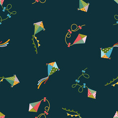 Flying kites seamless vector pattern. Summer children's endless background for baby clothes, bedding, wallpaper, scrapbooking. Flat, cartoon texture.