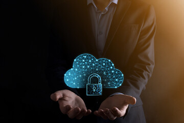 Cloud technology. Polygonal wireframe cloud storage sign with padlock on dark blue. Cloud...