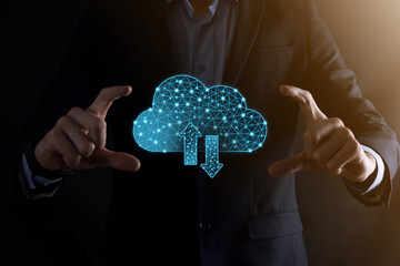 Cloud technology. Polygonal wireframe cloud storage sign with two arrows up and down on dark blue....