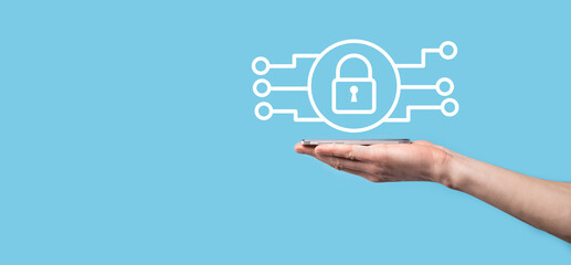 Cyber security network. Padlock icon and internet technology networking. Businessman protecting data personal information on tablet and virtual interface. Data protection privacy concept. GDPR. EU