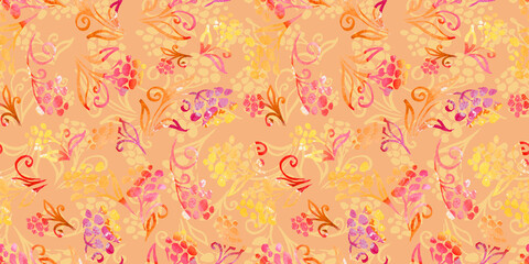 Autumn Watercolor Floral Seamless Patterns with packaging and scrapbooking. colorful red and yellow branch and Flower on orange Background