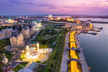 Panoramic aerial top view of Kazan Kremlin Kul Sharif mosque Kazanka river embankment sunset, Tatarstan Russia