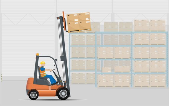 Moving pallets with boxes and lifting them onto racks in the warehouse using a hydraulic forklift. Stacking. Storage, sorting and delivery. Storage equipment.