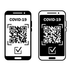 Travel immune passport in mobile phone. Covid-19 immunity certificate for safe traveling or shopping. Electronic health passport with QR code. Immunity digital document from coronavirus