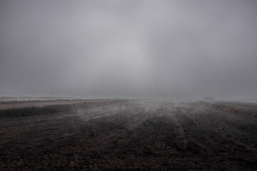 Champ cultivé dans la brume