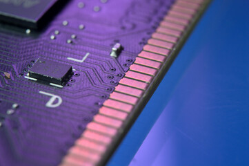 contacts of a microchip of random access memory close-up.