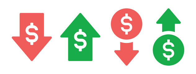 Dollar with arrow up and down symbol of expensive and cheap price icon.