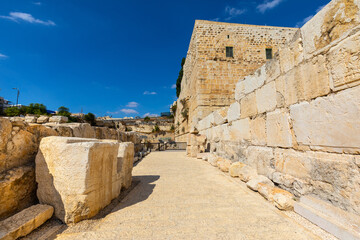 Second Temple period Jerusalem main street archeological park along Western Wall of Temple Mount...