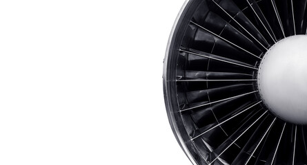Closeup detail of turbine airplane engine blades, isolated white color
