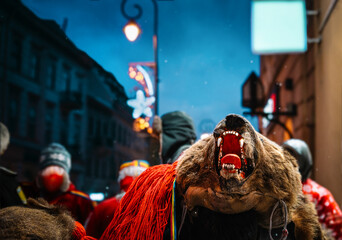 Romanian New Year's Eve traditional bear dance in the city at night