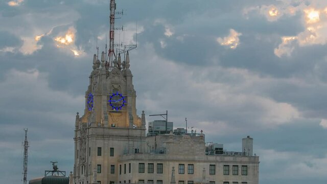 Telefonica Building is a Manhattan-style skyscraper at Gran Via timelapse, Madrid, Spain.