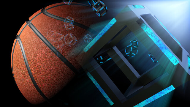 Brown-black leather basketball and blue illuminated black cube. Concept image of sports science and block chain network technology. 3D illustration. 3D CG. 3D high quality rendering.