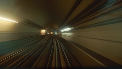 Fototapeta na wymiar , Metro FPV POV At Fast Speed Drive Motion. Tunnel. driverless metro in blurred