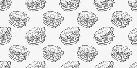 Bagel sandwich with cream cheese and fruits seamless pattern.